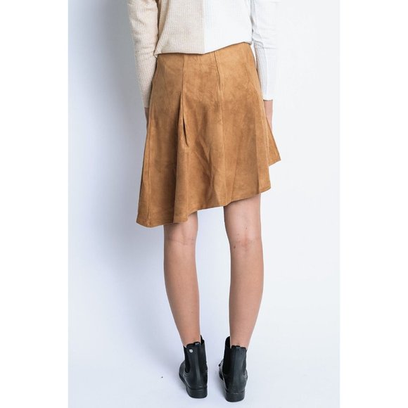 Women's Casual Pleated Suede Solid High Low Midi Skirt Tan Size S,M,L - Picture 10 of 14